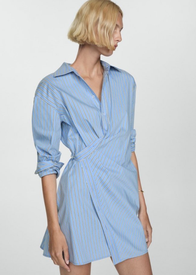 Mango Vestido camisero cruzado rayas - Azul