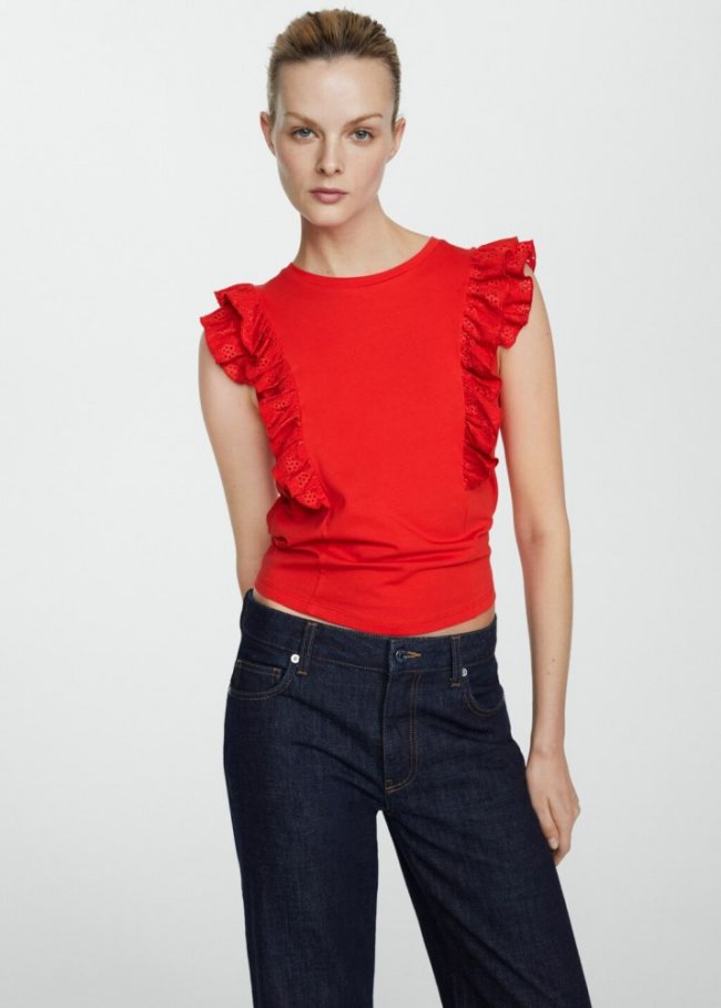Mango Camiseta algodón volantes - Rojo