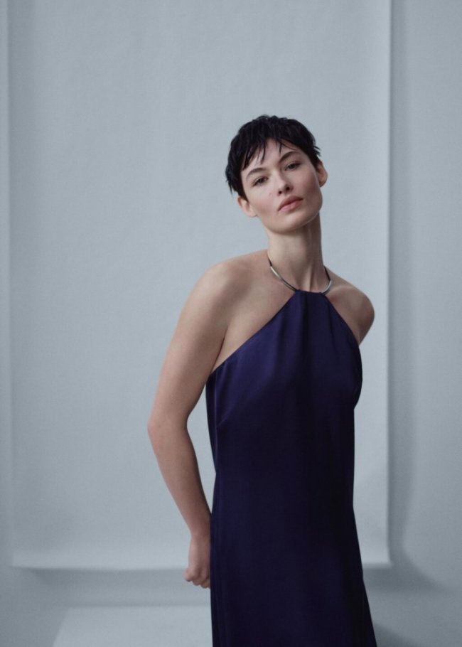 Mango Vestido satinado cuello rígido - Azul noche