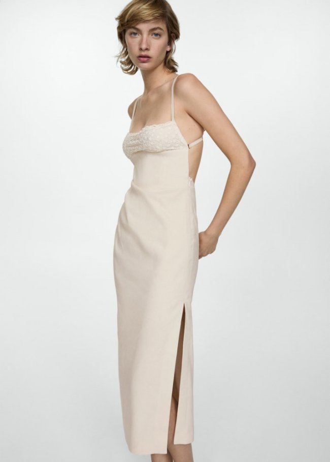 Mango Vestido lino detalle bordado - Beige