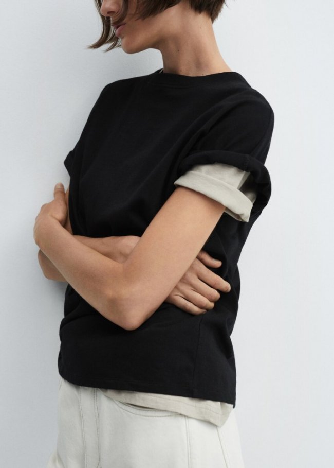 Mango Camiseta algodón cuello redondo - Negro