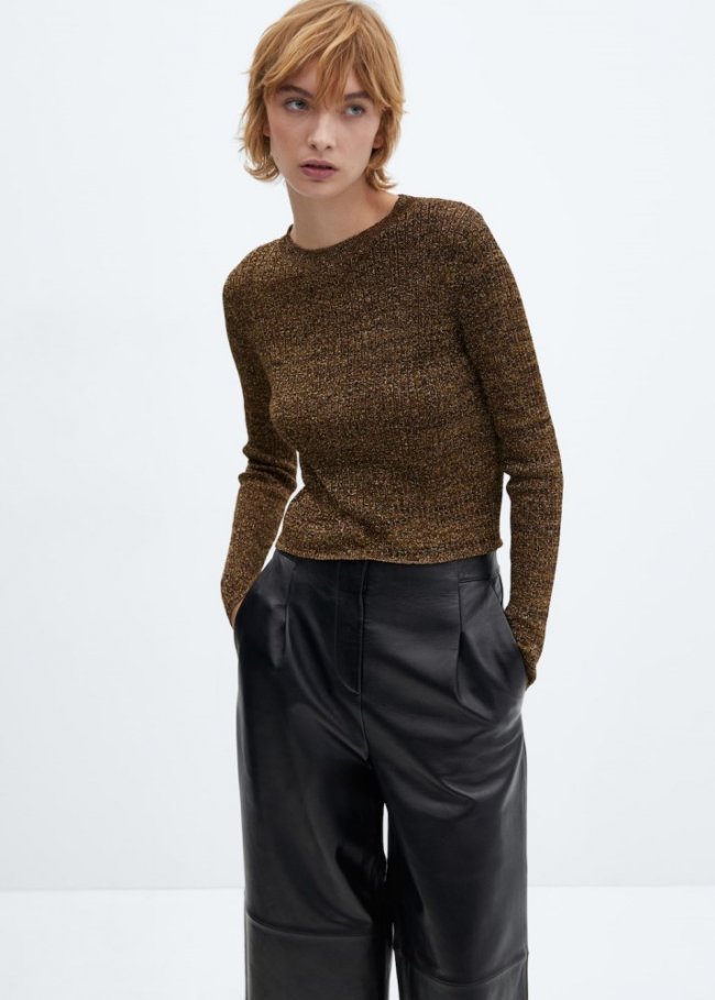 Mango Jersey lúrex cuello redondo - Ocre