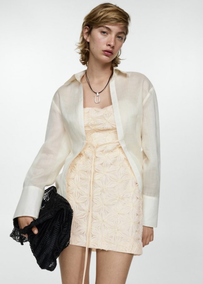 Mango Vestido flores textura - Crudo