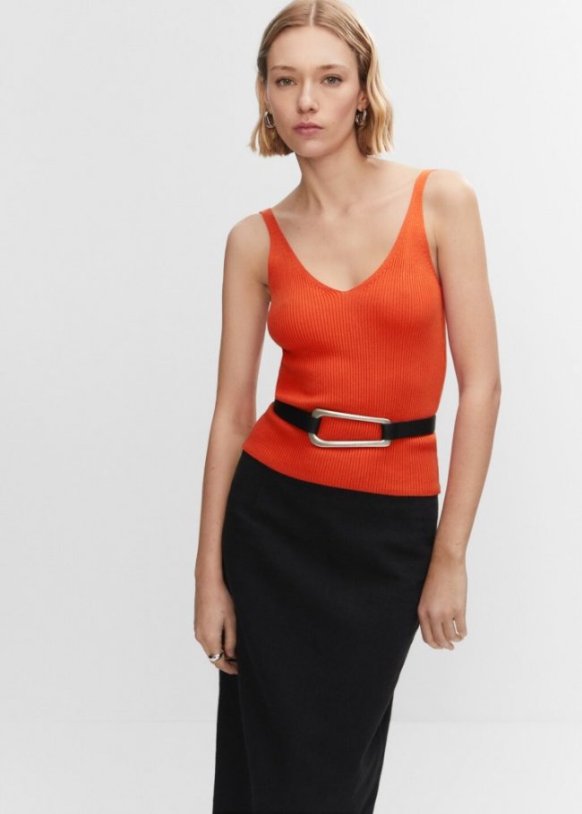 Mango Top punto escote pico - Rojo coral