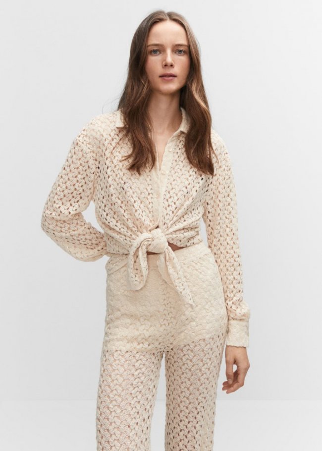 Mango Pantalón recto crochet - Crudo