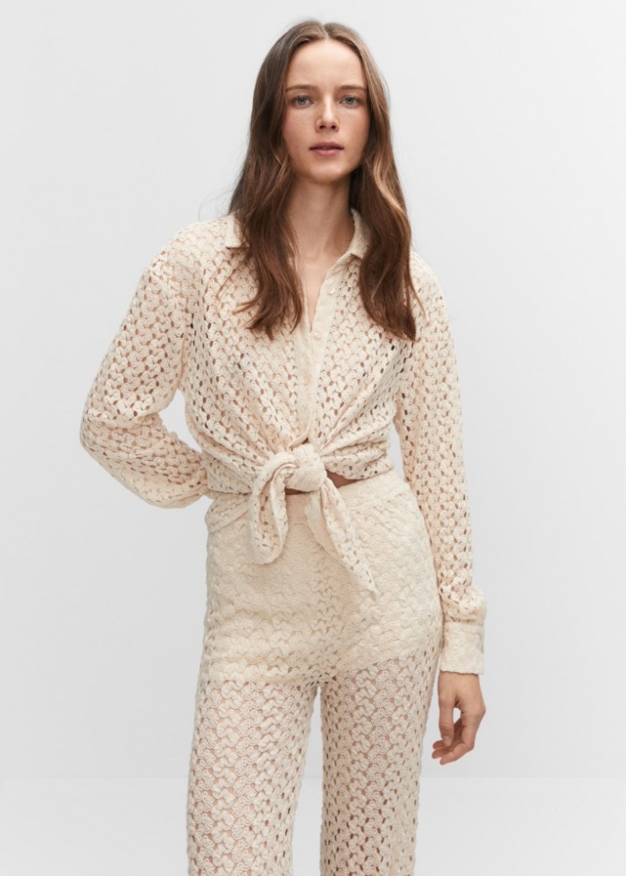 Mango Pantalón recto crochet - Crudo