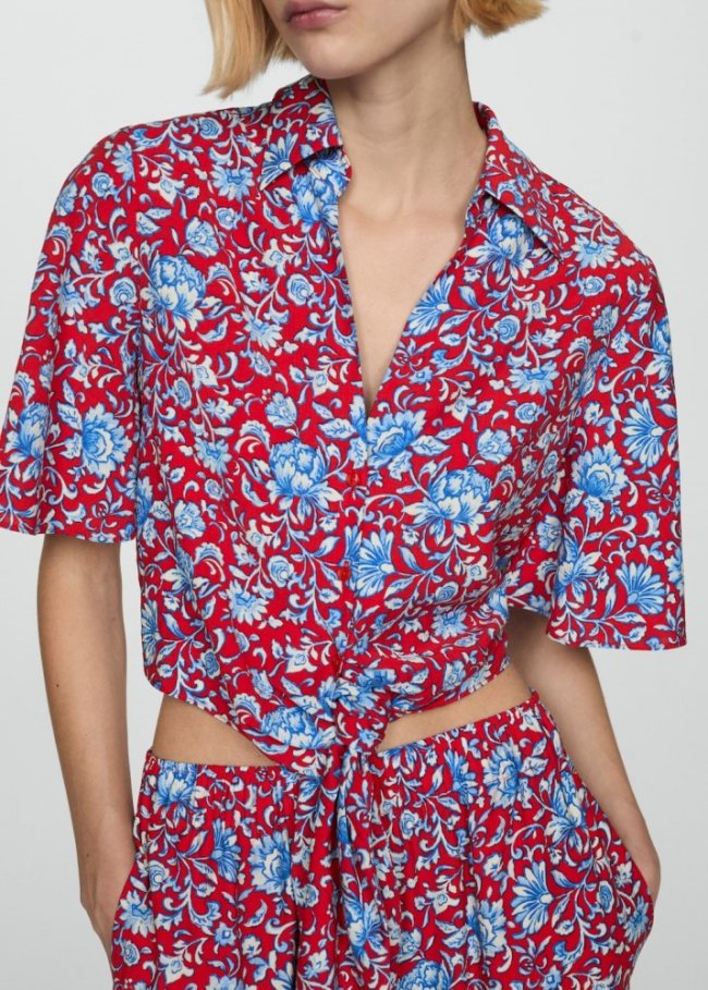 Mango Camisa estampado floral nudo - Rojo