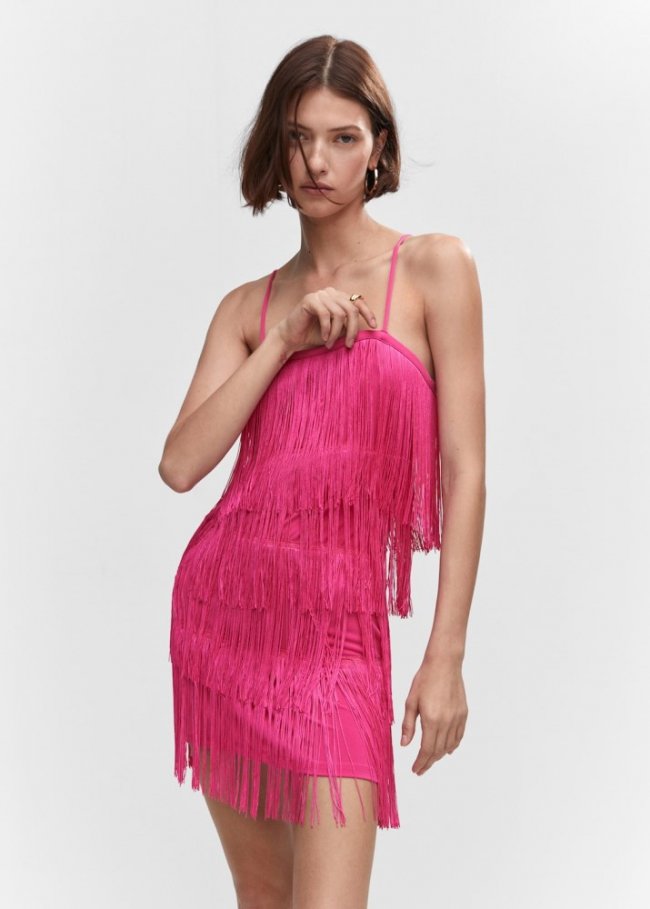 Mango Vestido flecos - Fucsia