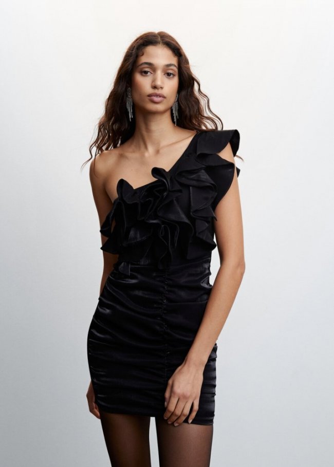 Mango Vestido drapeado volantes - Negro