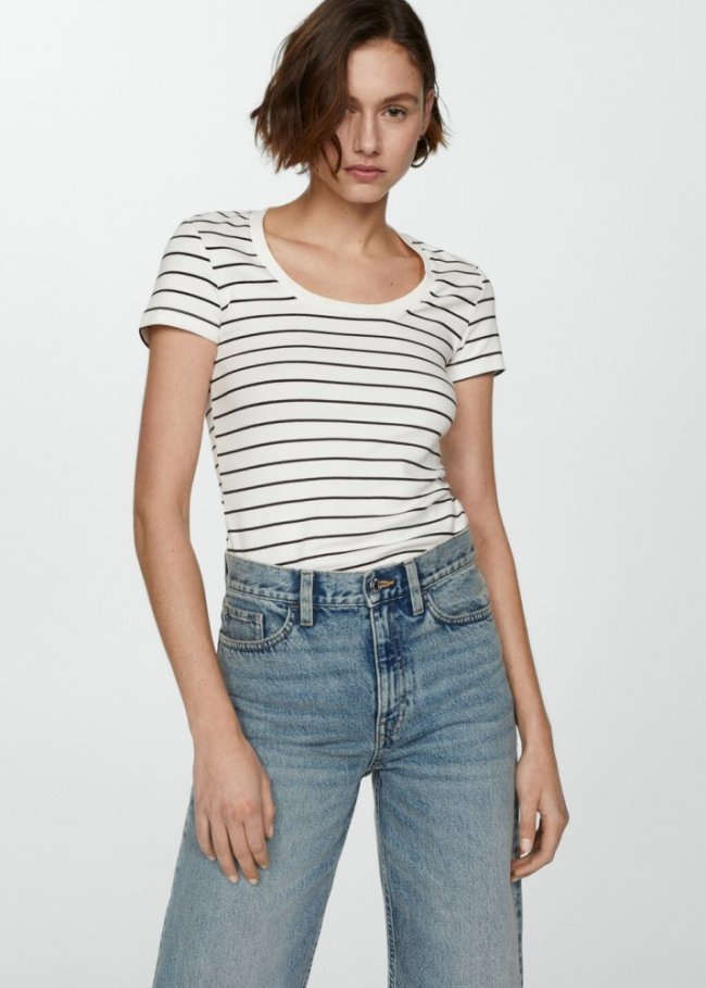 Mango Camiseta rayas estampada - Negro
