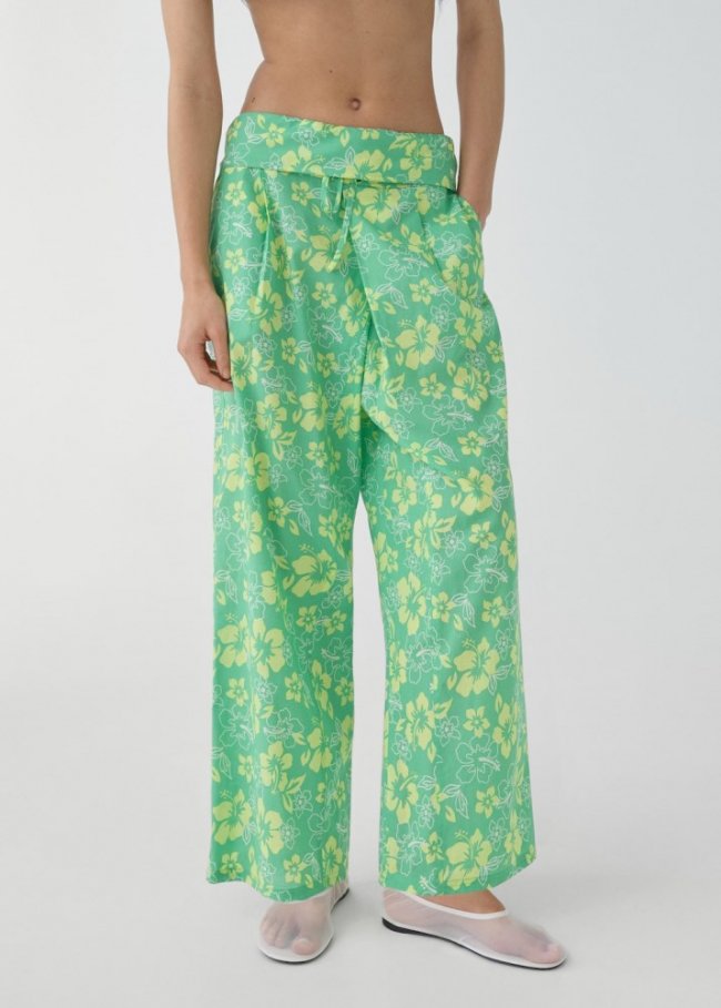 Mango Pantalón estampado cintura vuelta - Verde pastel