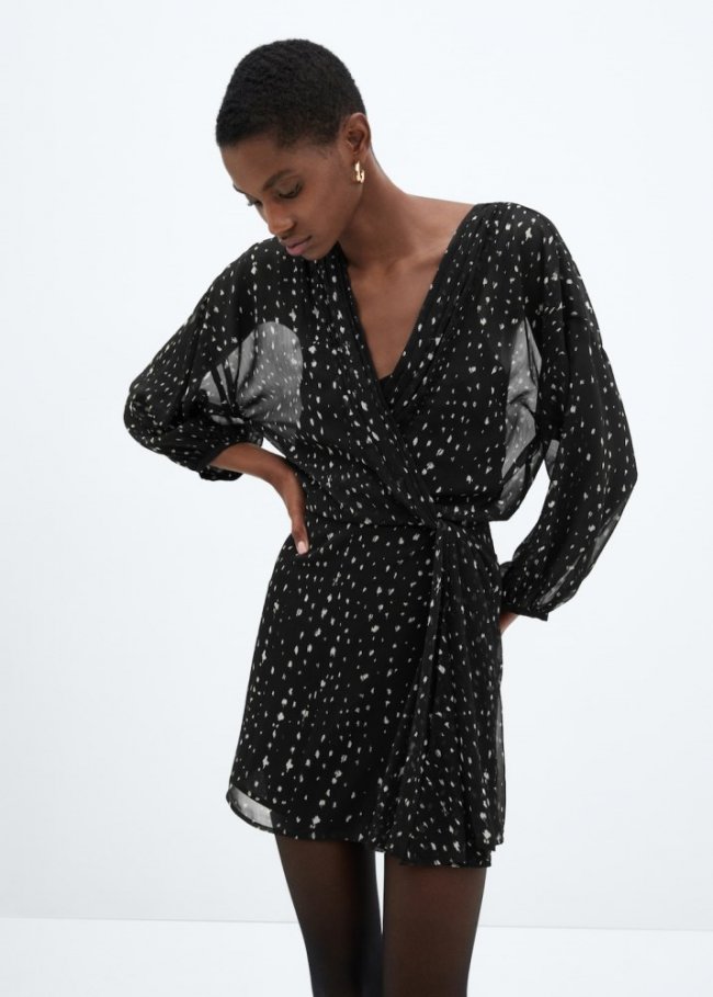 Mango Vestido cruzado estampado - Negro