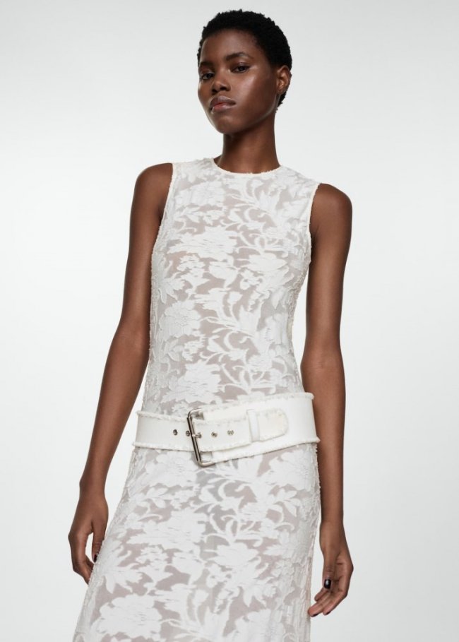 Mango Vestido jacquard abertura - Blanco roto