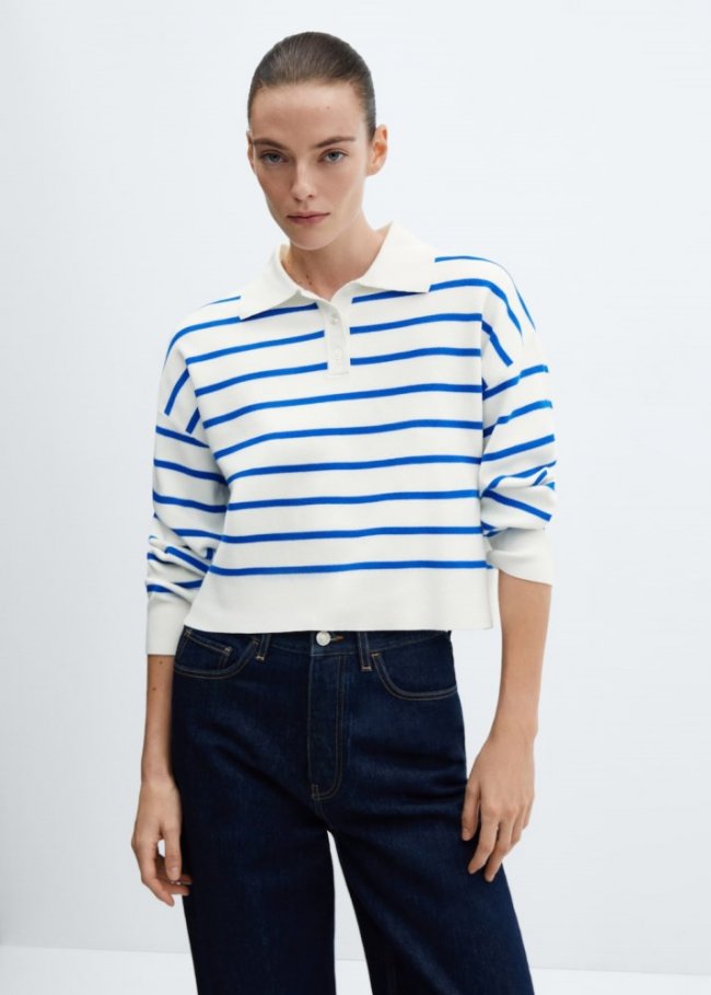 Mango Jersey rayas cuello polo - Azul eléctrico