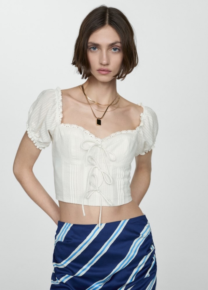 Mango Blusa crop detalle lazos - Blanco roto