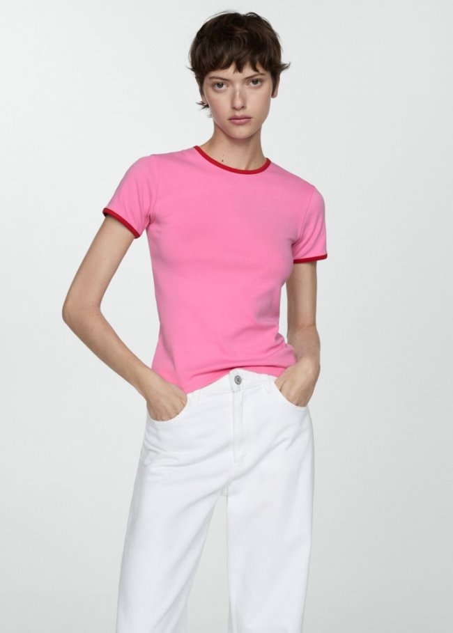 Mango Camiseta ribetes contraste - Rosa