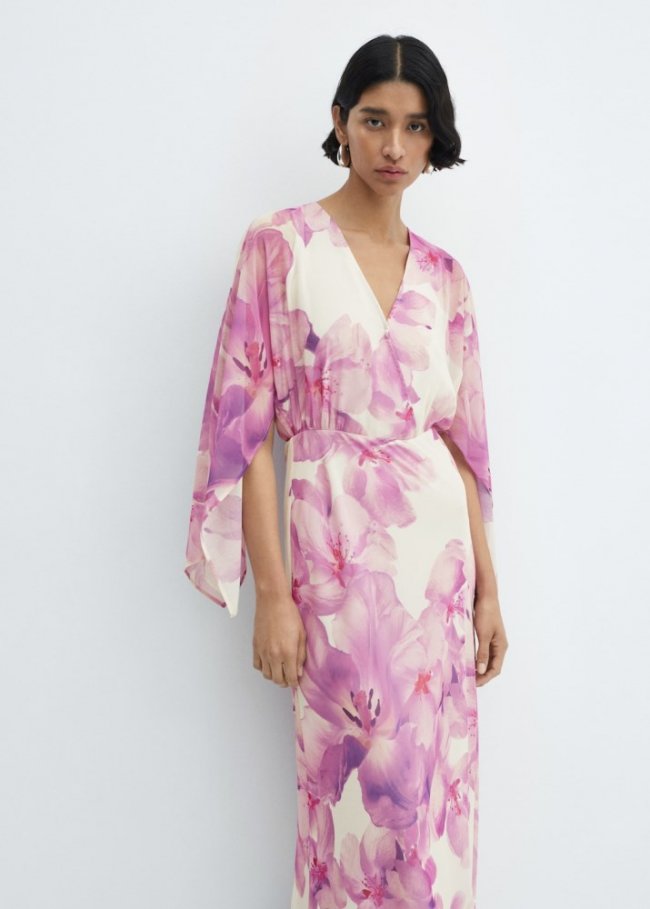 Mango Vestido floral escote cruzado - Blanco roto