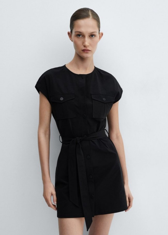 Mango Vestido lazo detalle bolsillos - Negro