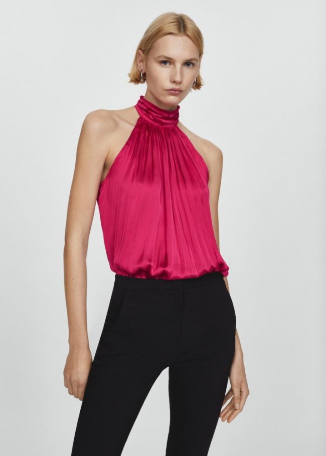 Mango Blusa plisada cuello alto - Fresa