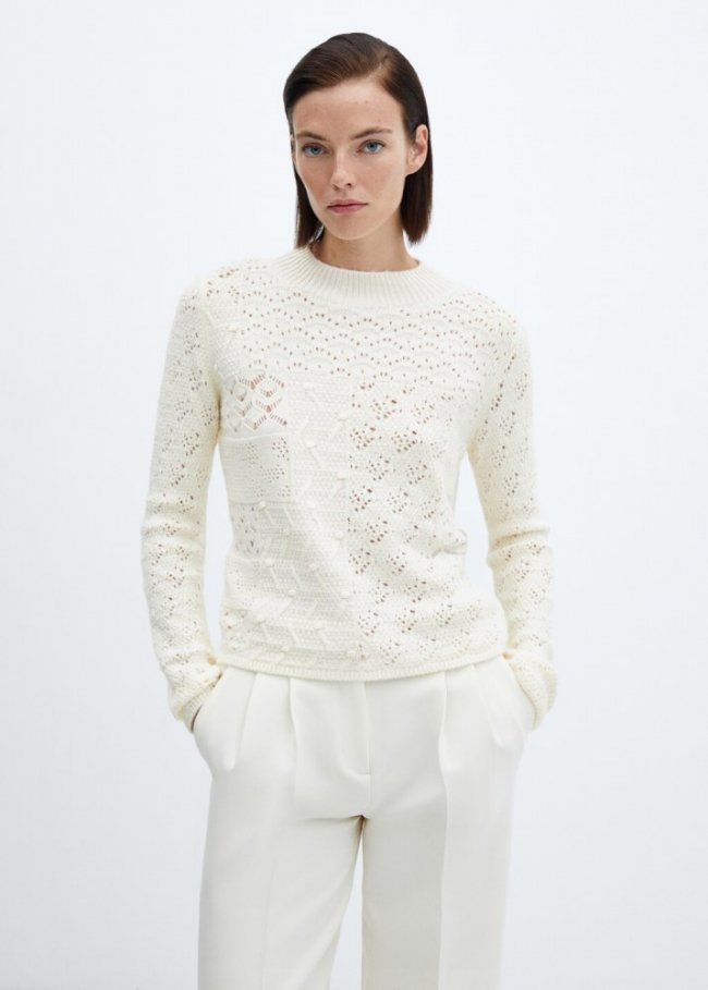 Mango Jersey mezcla crochet punto calado - Blanco roto