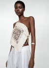 Mango Top asimétrico panel bordado - Blanco roto