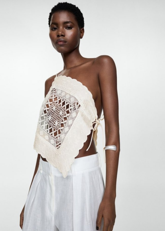 Mango Top asimétrico panel bordado - Blanco roto