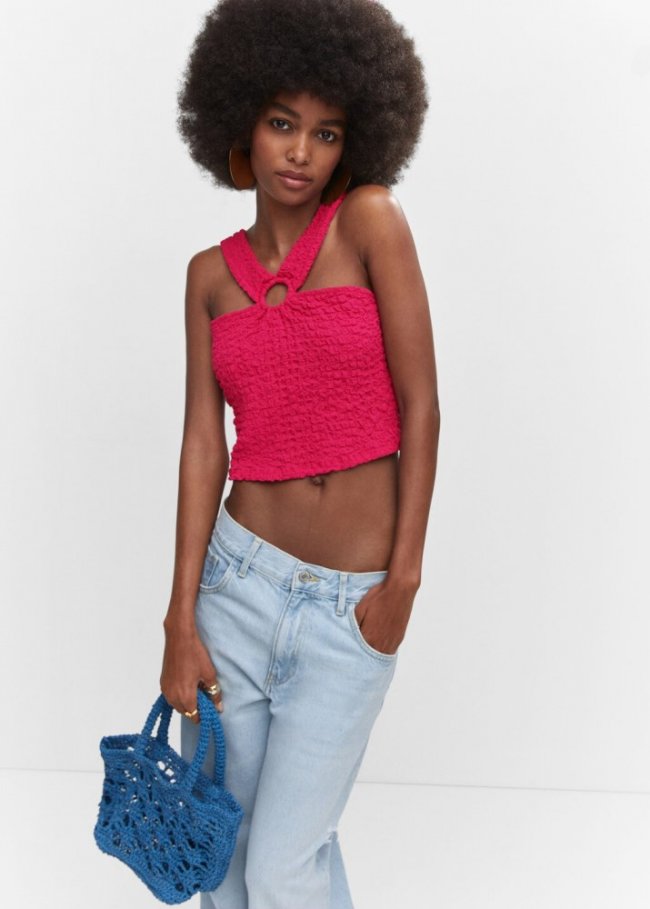 Mango Top textura detalle aro - Fucsia