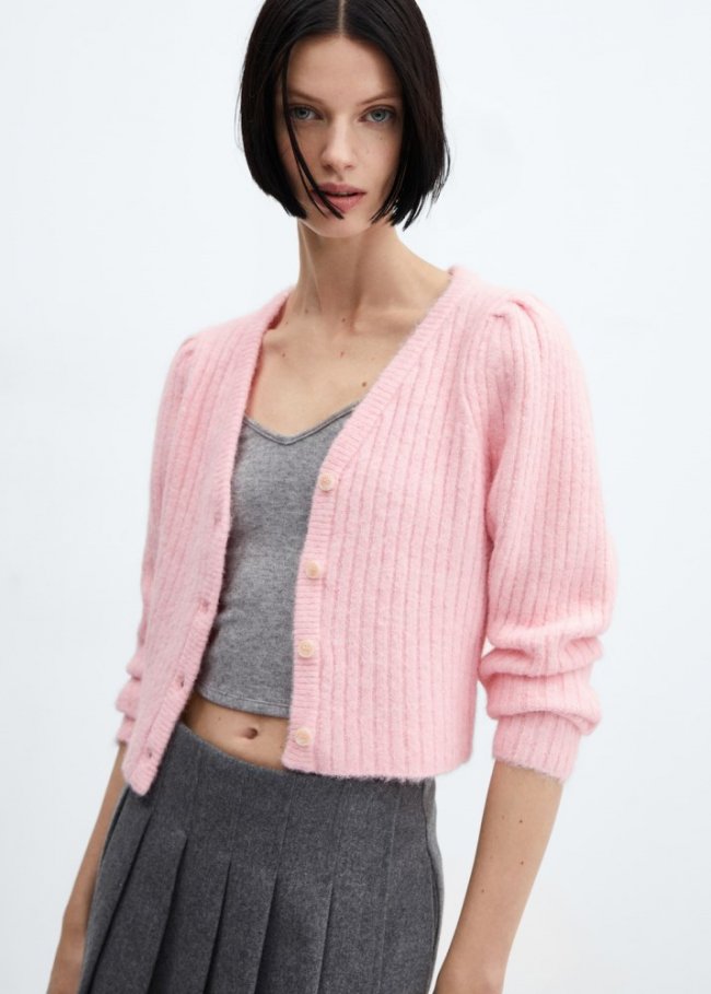 Mango Cárdigan punto cuello pico - Rosa
