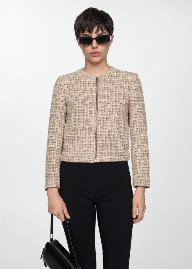 Mango Chaqueta tweed cremallera - Marrón