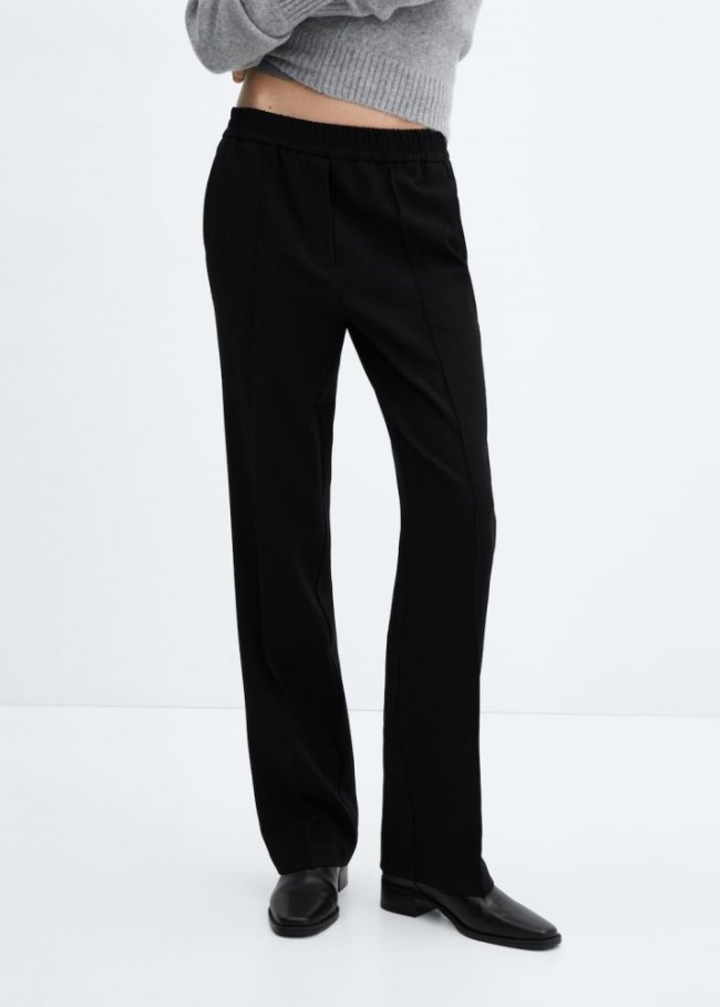 Mango Pantalón recto cintura elástica - Negro