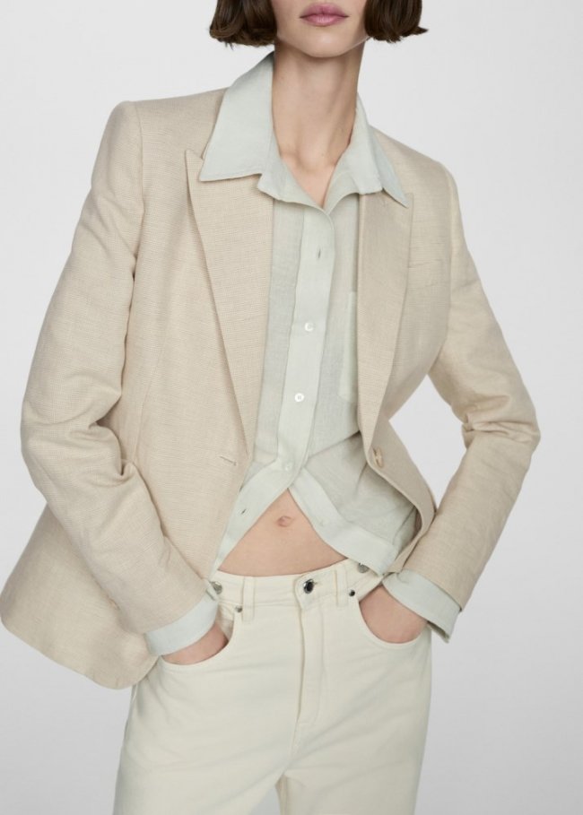 Mango Blazer lino pata de gallo - Marrón