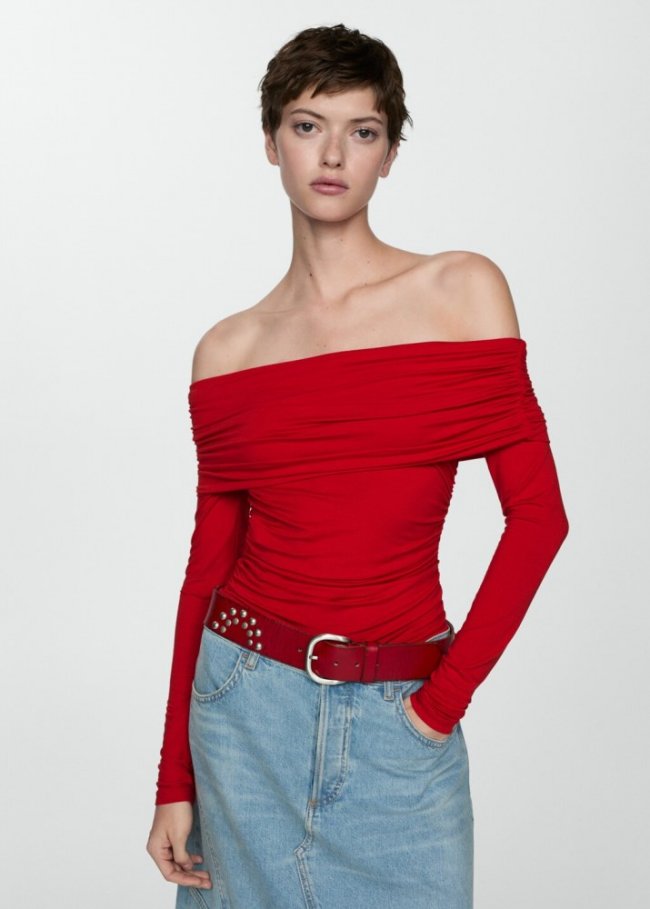 Mango Camiseta hombros descubiertos - Rojo