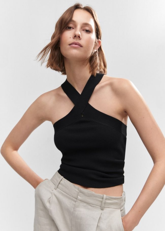 Mango Top punto cuello halter - Negro