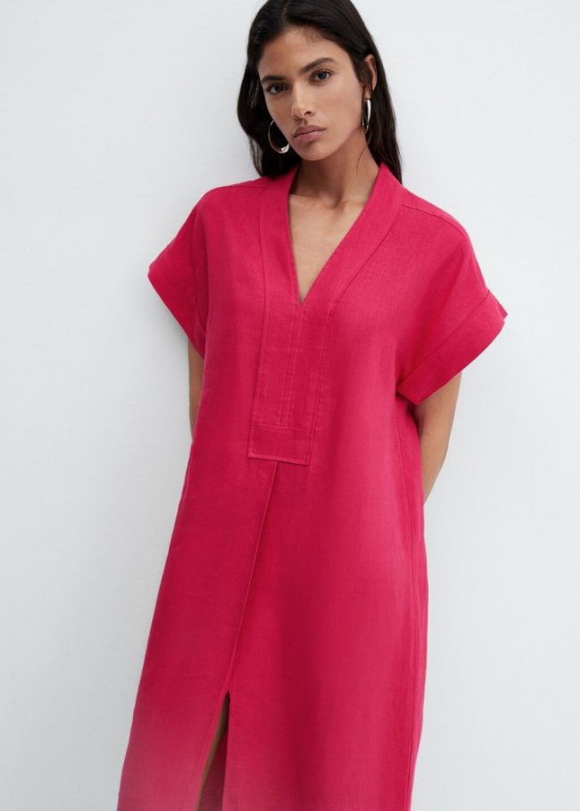 Mango Vestido camisero lino - Fucsia