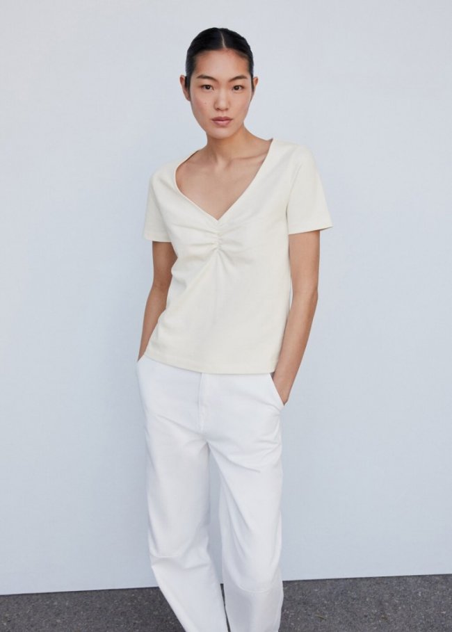 Mango Camiseta algodón detalle fruncido - Blanco roto