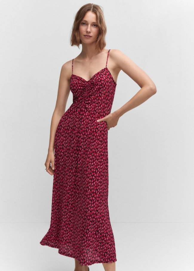 Mango Vestido flores detalle fruncido - Rojo