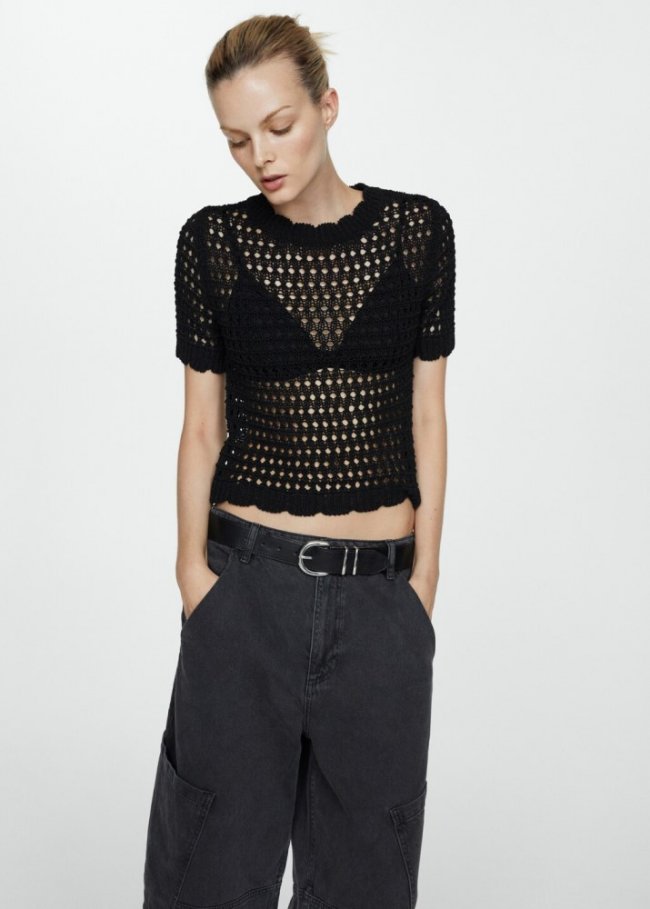 Mango Jersey punto detalles calados - Negro