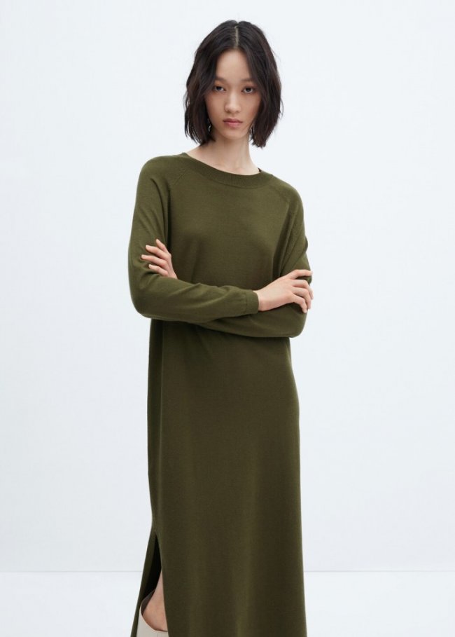 Mango Vestido punto cuello redondo - Khaki