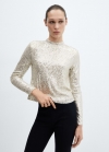 Mango Camiseta lentejuelas cuello alto - Blanco marfil