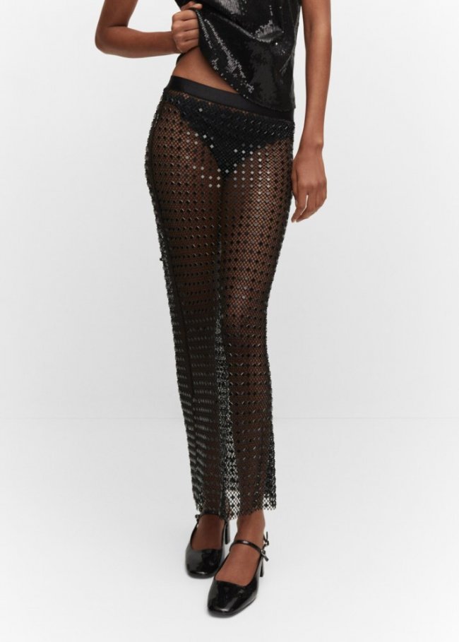 Mango Falda malla strass - Negro
