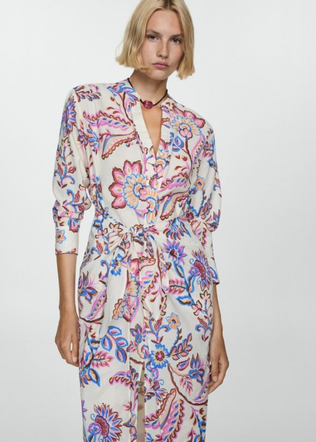 Mango Vestido estampado floral lazo - Crudo