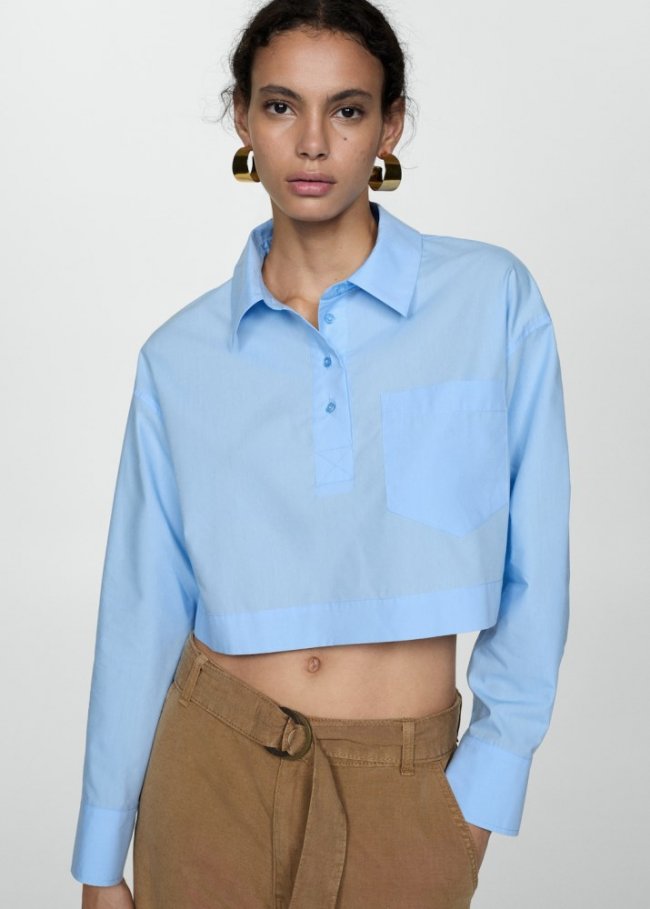 Mango Camisa crop cuello polo - Azul celeste
