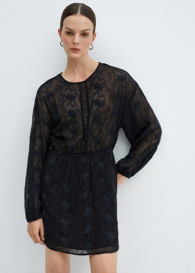 Mango Vestido bordado manga abullonada - Negro