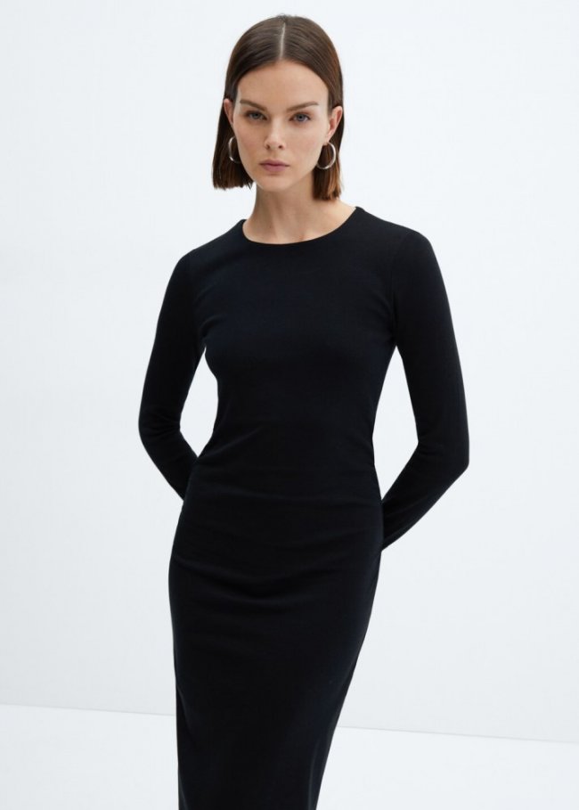 Mango Vestido detalles fruncidos laterales - Negro