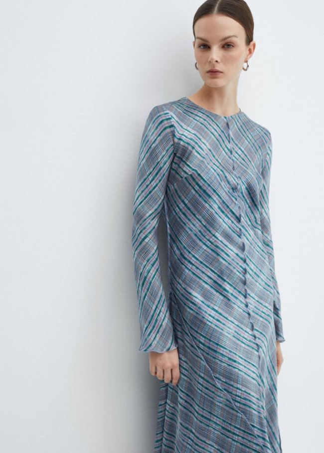 Mango Vestido satinado cuadros - Azul