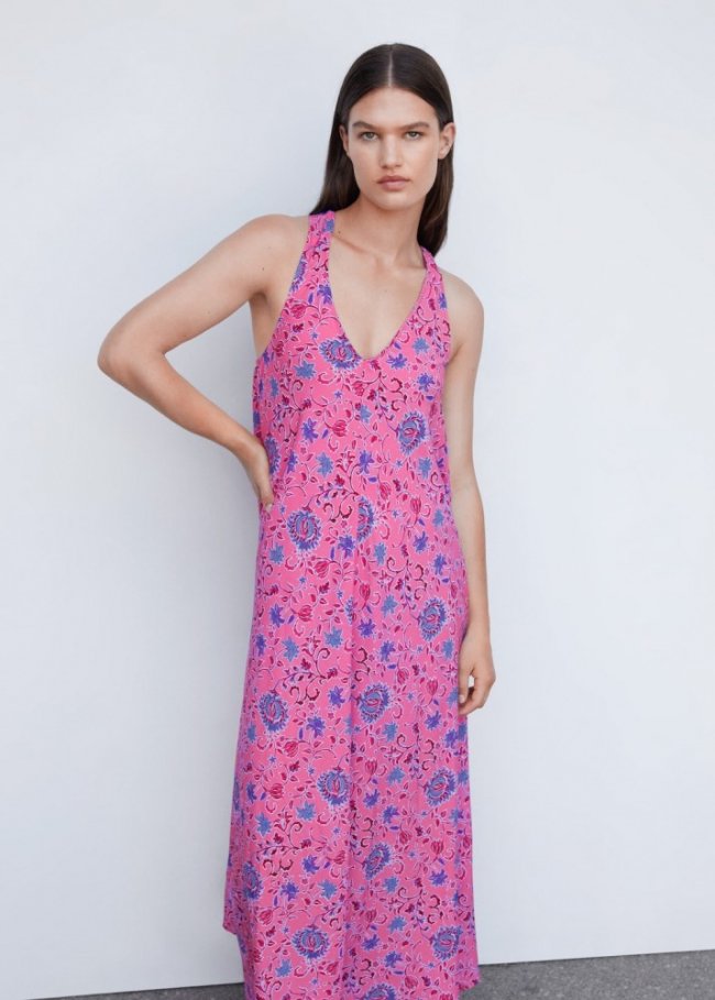 Mango Vestido floral escote pico - Rosa