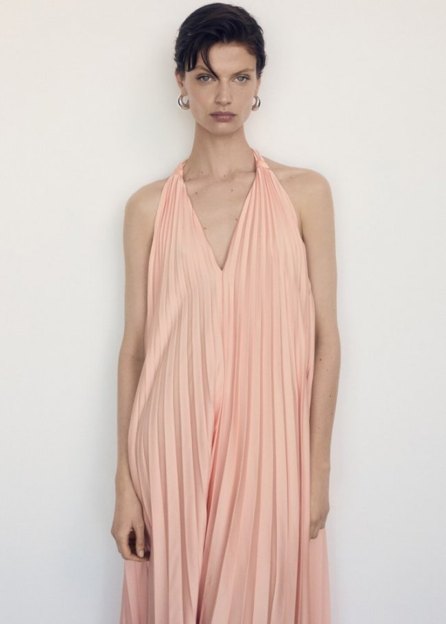 Mango Vestido largo plisado - Salmón
