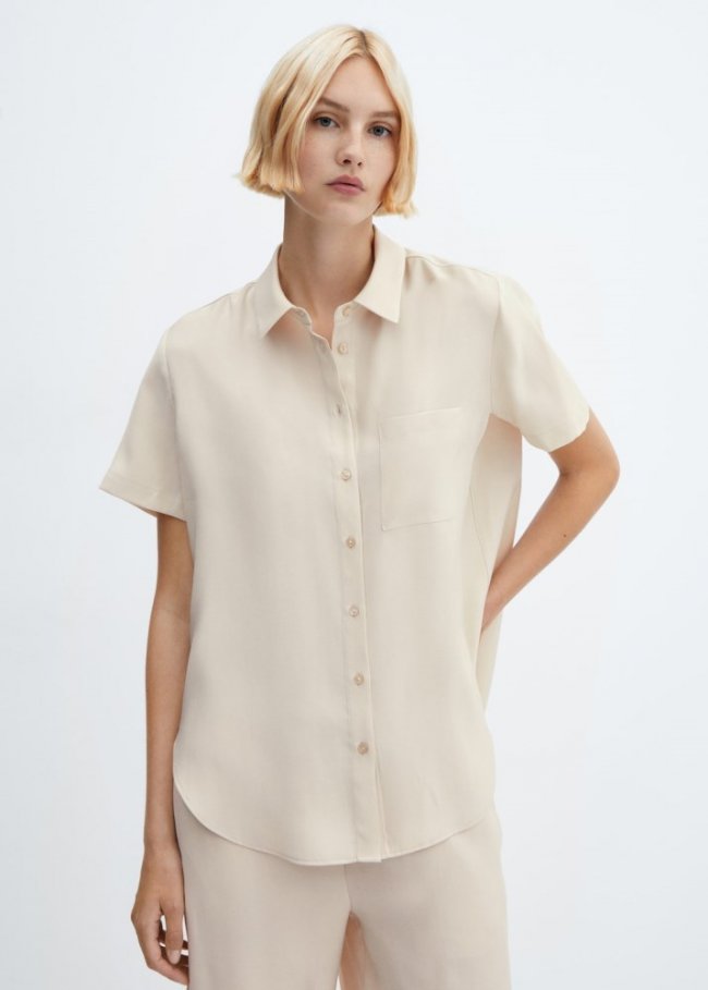 Mango Camisa manga corta bolsillo - Crudo