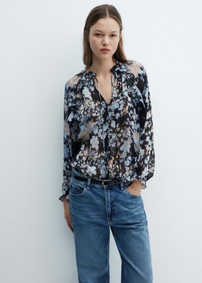 Mango Blusa fluida estampado floral - Negro