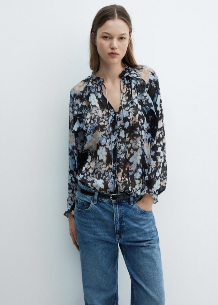 Mango Blusa fluida estampado floral - Negro